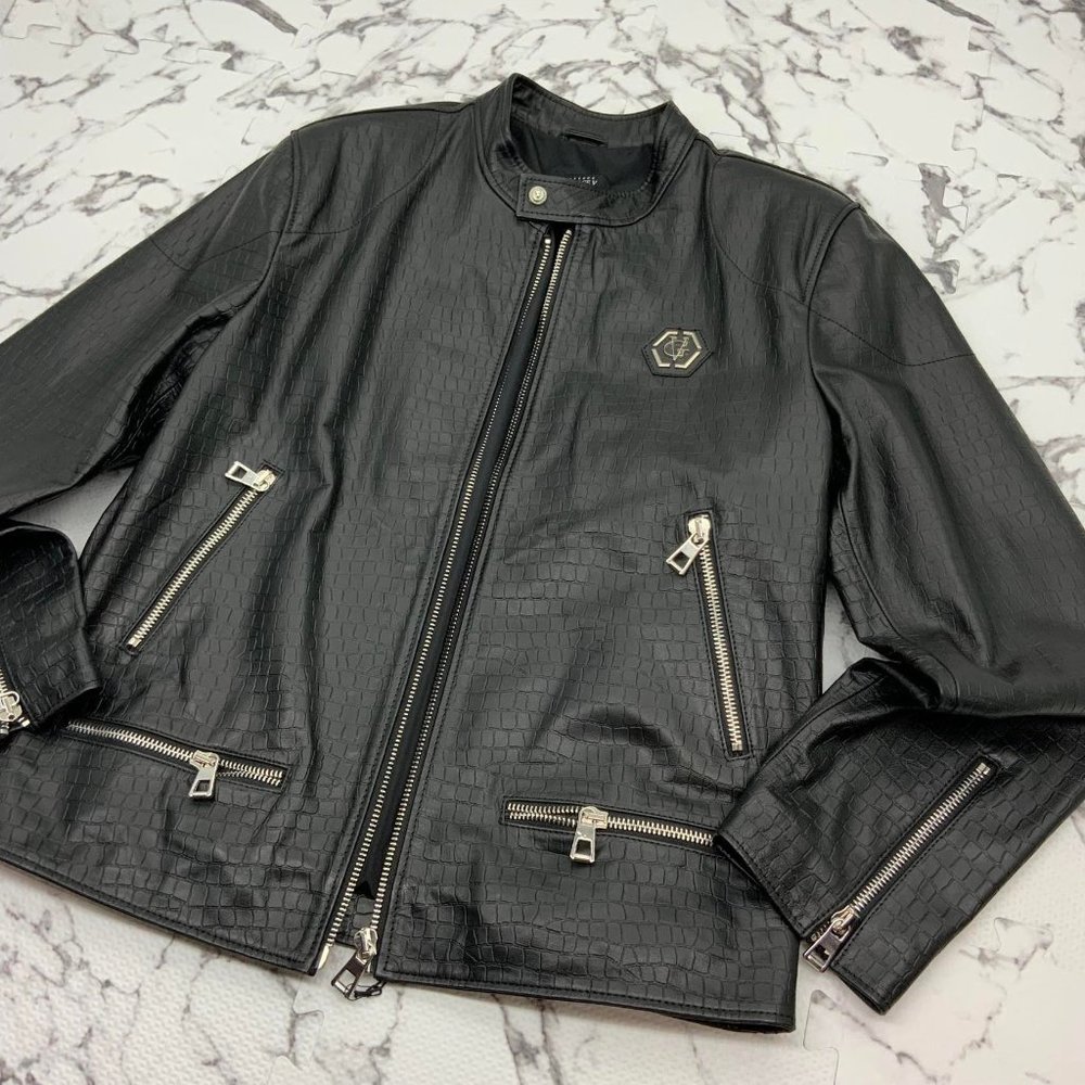 Men's Black Silver Motorcycle Lambskin Genuine Leather Jacket